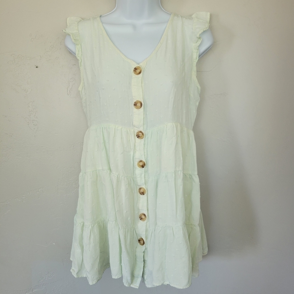 E&M Medium Light Green Cap Sleeve Tunic Swiss Dot Button Front Top Blouse Shirt